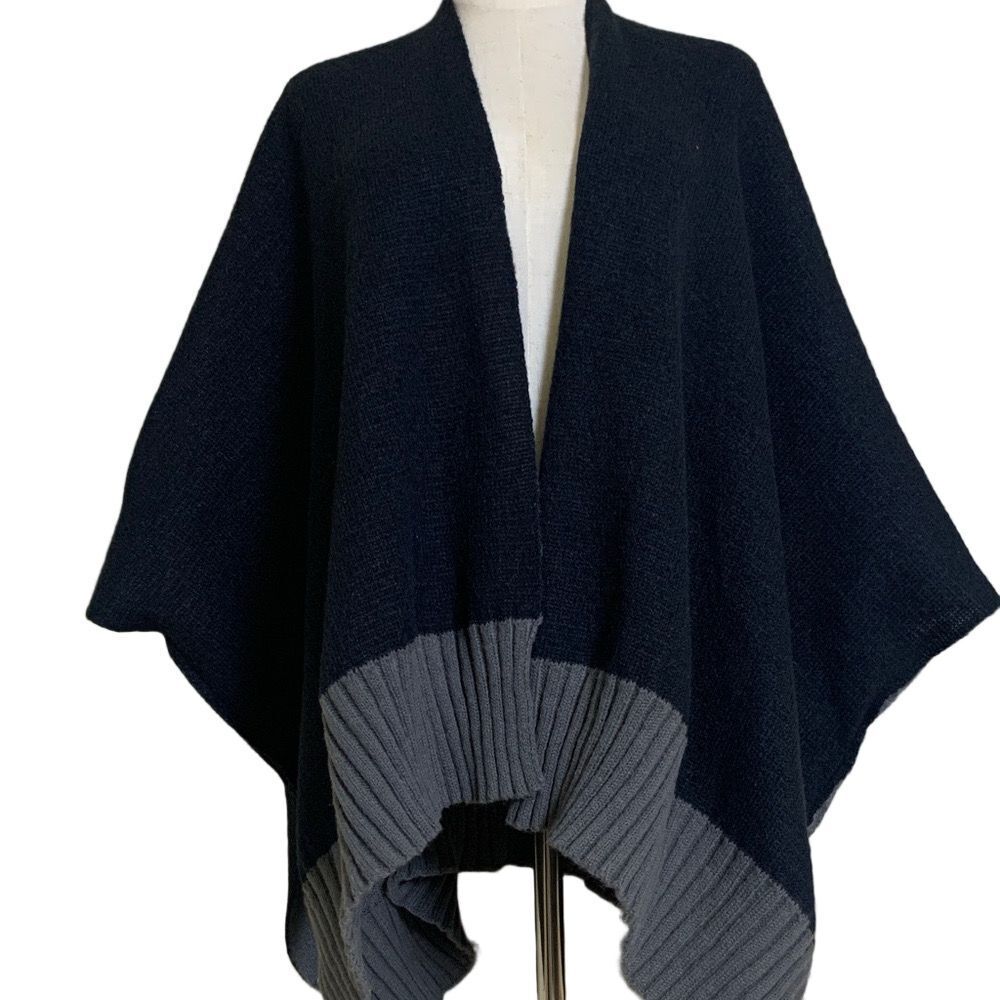 On 34th Poncho Knit Wrap Sweater Black Grey Colorblock Ribbed Trim Womens OS